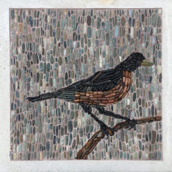 pebble mosaic/stone pebble art. The wealthiest Roman’s had mosai floors we can re-create animals and stories in paving. This one is a robin